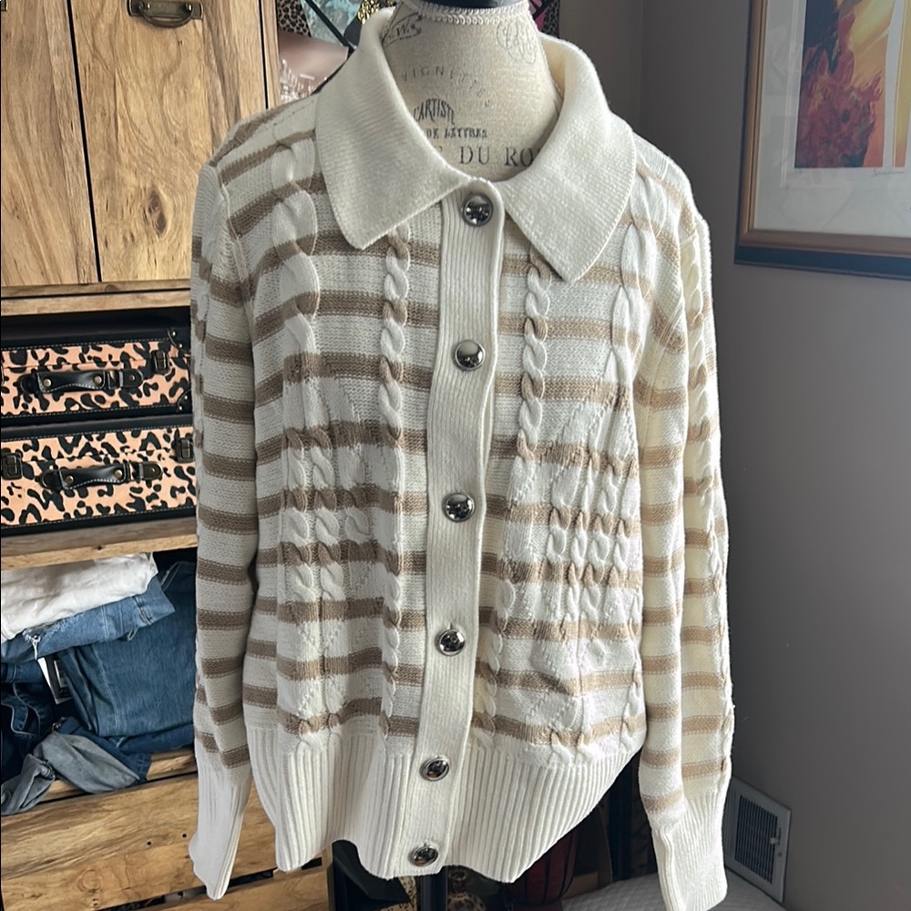 Talbots Cream and Tan Cardigan Sweater - 2X